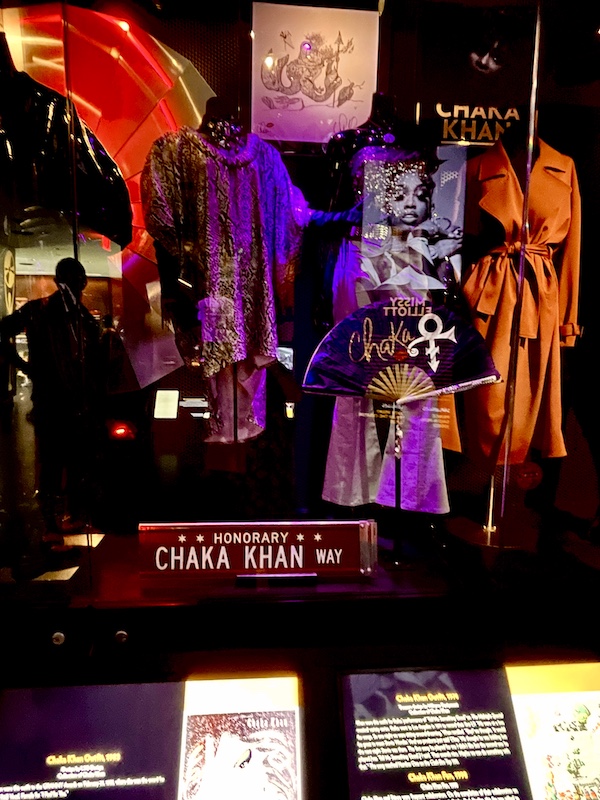 Purple, gold and red costumes worn by Chaka Khan on display at Rock and Roll Hall of Fame