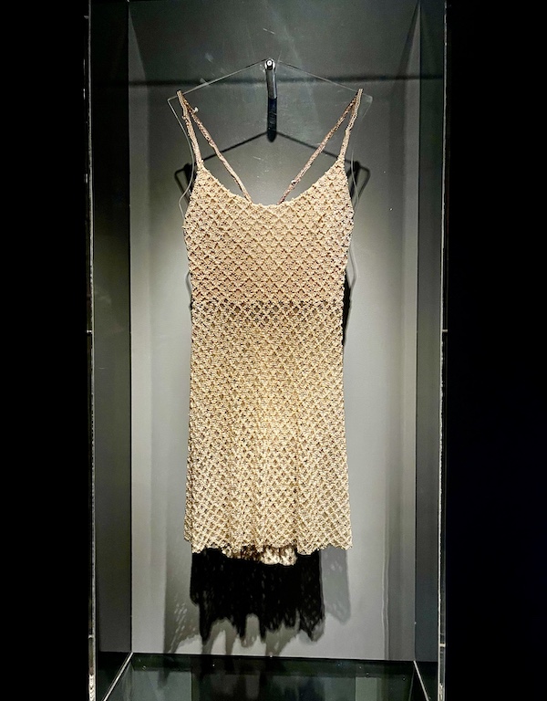 Ivory beaded mini dress worn by Tina Turner on display at the Rock and Roll Hall of Fame