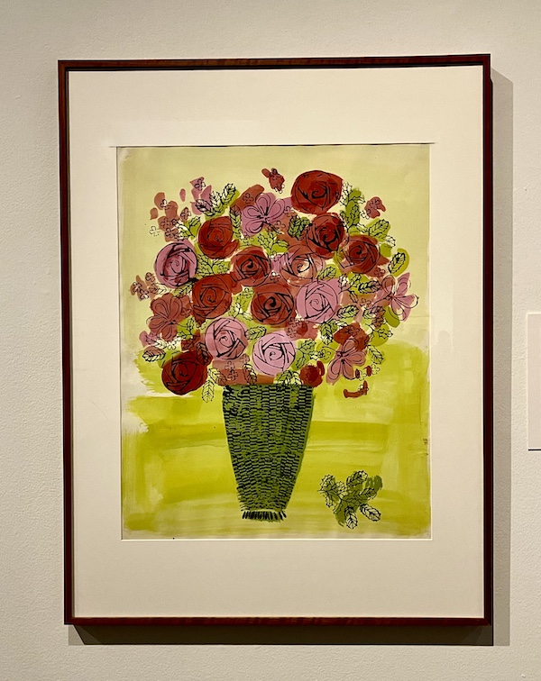 Andy Warhol artwork depicting a green, vase shaped, basket of colorful flowers.