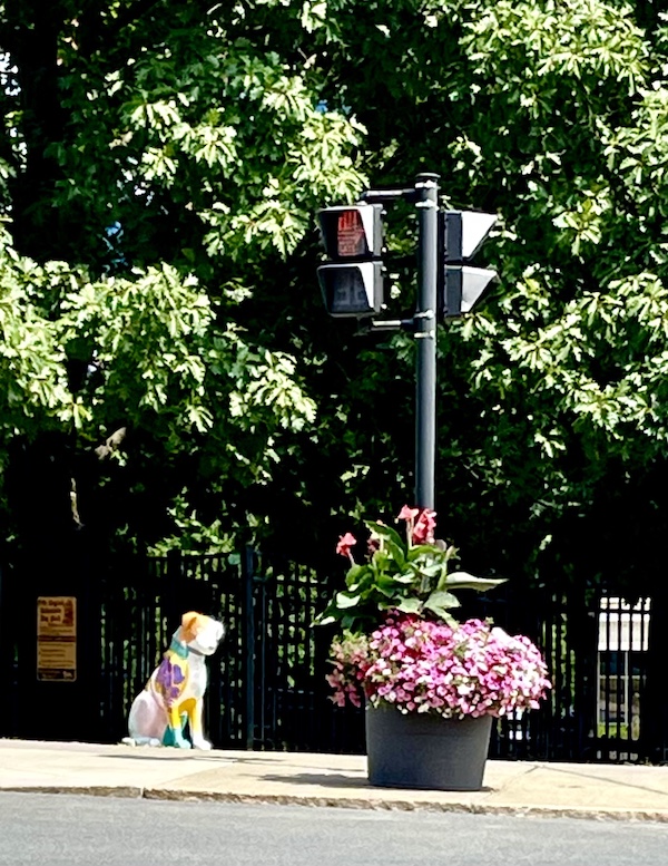 Colorfully painted dog sculpture by a pot full of flowers surrounding a stop light in Upstate New York