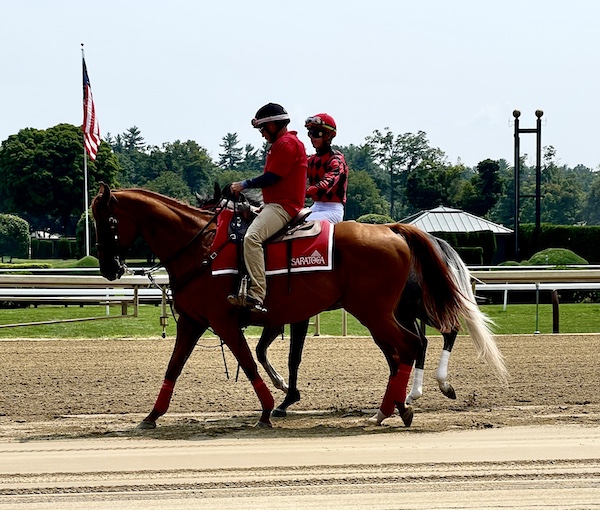 Pair of horses and riders at Historic Saratoga Race Course