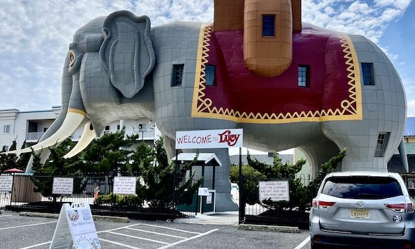 Enormous gray elephant structure is a building at the Jersey shore on the east coast.