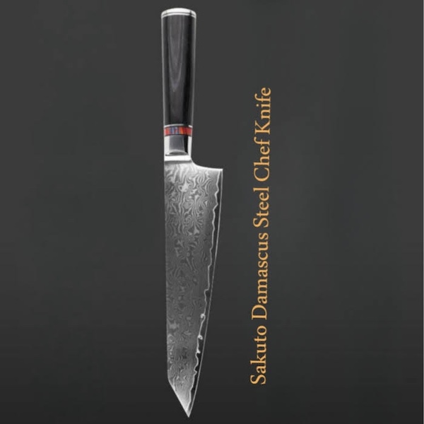 Ebony and steel handled chefs knife with colorful band and Damascus steel blade.