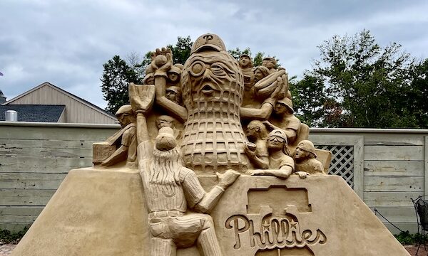 One of the Sand Sculptures Peddler's Village shows baseball players and a big peanut in a shell with a Phillies cap on