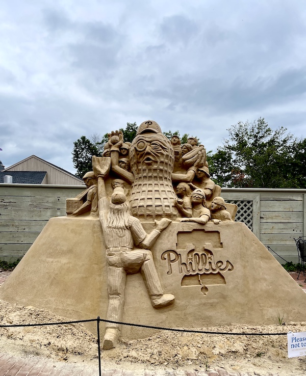 One of the Sand Sculptures Peddler's Village shows baseball players and a big peanut in a shell with a Phillies cap on