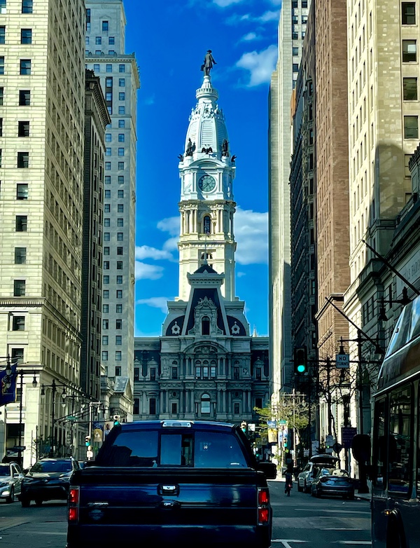 View of Philly's City Hall building with statue of Wm. Penn on top seen on our Tour of Downtown Philadelphia