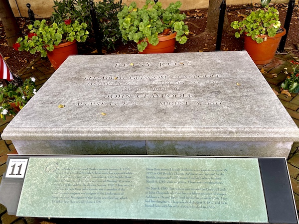 Stone marker for Betsy Ross' grave on site at her house.