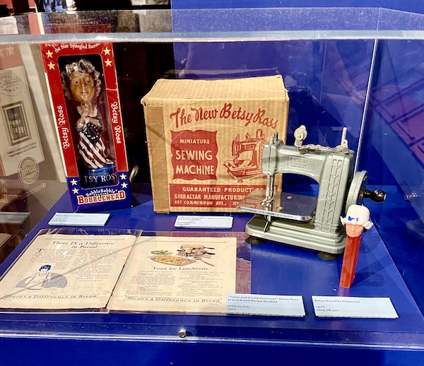 Visiting Betsy Ross' House we saw a case with toy sewing machine and other items honoring Betsy Ross.