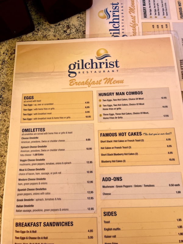 Menu from restaurant we went to during Autumn Memories at Jersey Shore