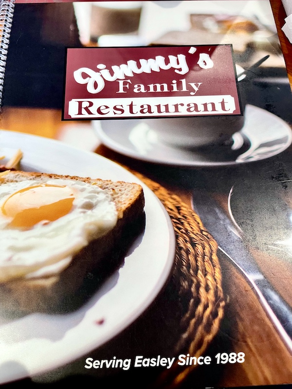 Menu for breakfast ands lunch restaurant Jimmy's Family Restaurant Easley SC
