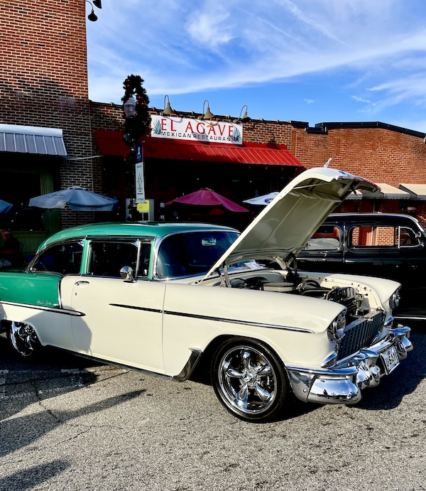 White and green 1955 Chevy at the Downtown Pickens Car Show