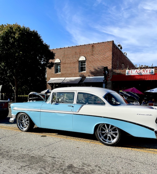 Aqua and white 1956 Chevy Bel Air at the Downtown Pickens Car Show