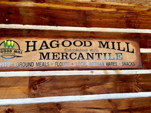 Sign on a log building for Hagood Mill Mercantile