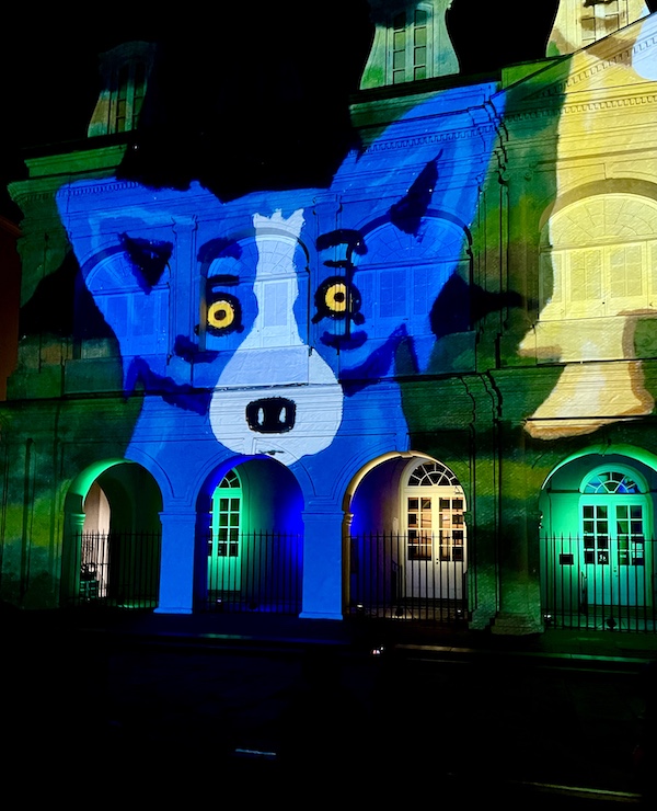 Blue dog project on church shows Celebrating Super Bowl NOLA Style