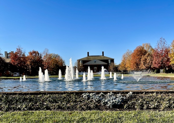 House, lake and fountains seen on our Dorm at Furman University