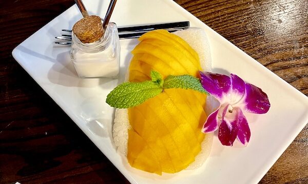 Rectangular white plate topped with rice, mango slices, jar of coconut milk and a purple orchid flower at Thaicoon Restaurant Pearland Texas