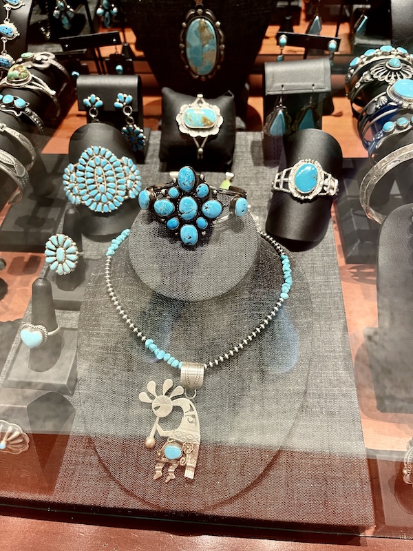Jewelry case with assorted silver and turquoise jewelry in Hill Country's Wimberley Texas