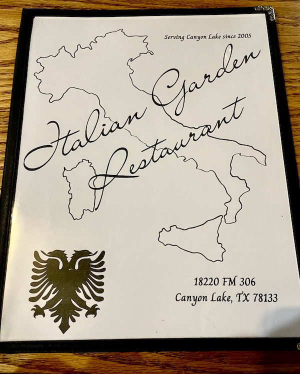 Menu for Italian Garden Restaurant Canyon Lake TX