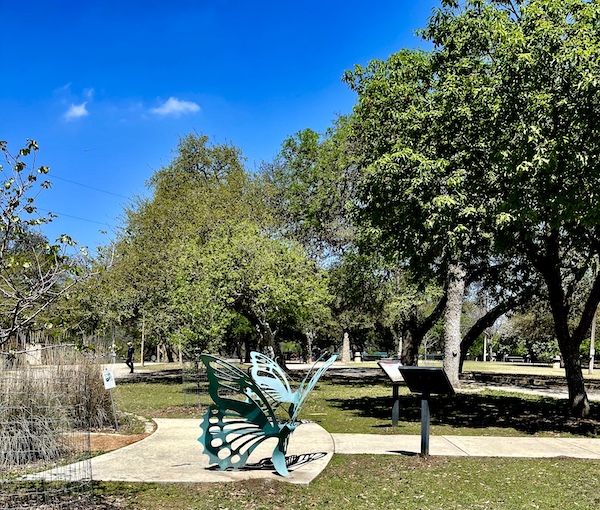 Butterfly sculpture in Landa Park New Braunfels TX has beautiful green patina.