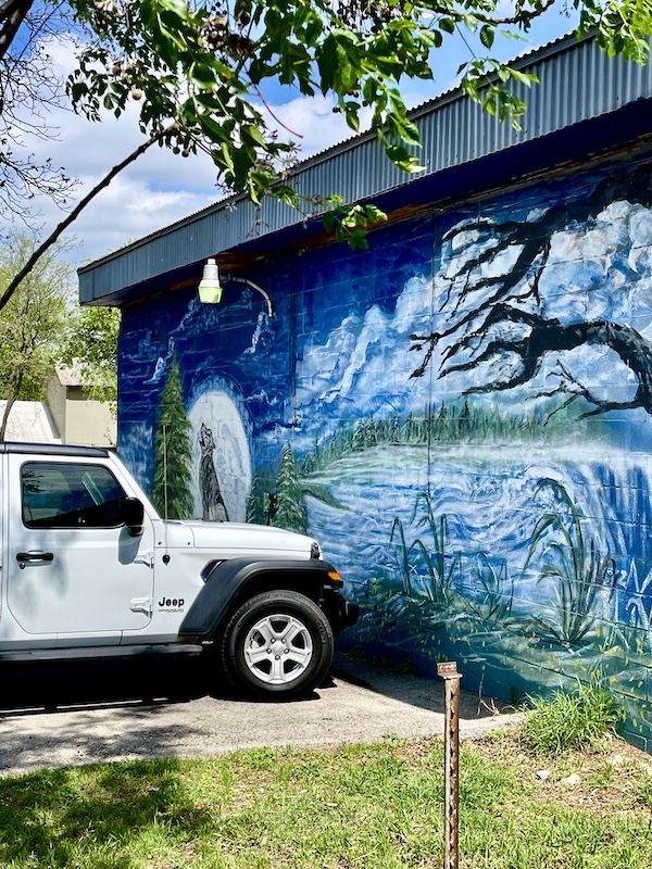 Blue and white mural with wolf, wind and trees at Monterrey Café New Braunfels TX