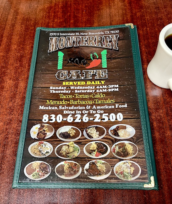 Monterrey Café New Braunfels TX Mexican menu.