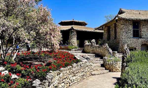 Red geraniums and cherry blossoms along the path to a wood and limestone pagoda at the Japanese Tea Garden San Antonio