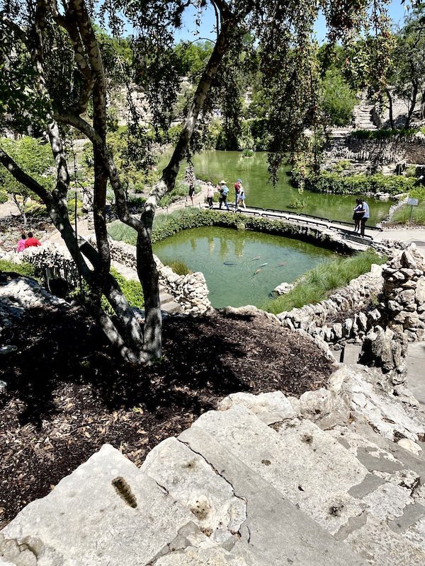 View of lagoons and limestone bridges and paths at Japanese Tea Garden San Antonio