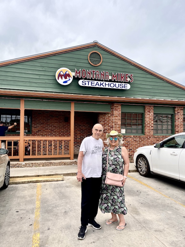 Steve and I standing in front of Montana Mike's Steakhouse in New Braunfels Texas