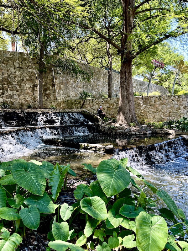 Rushing multilevel waterfalls and lush foliage at San Antonio River Walk