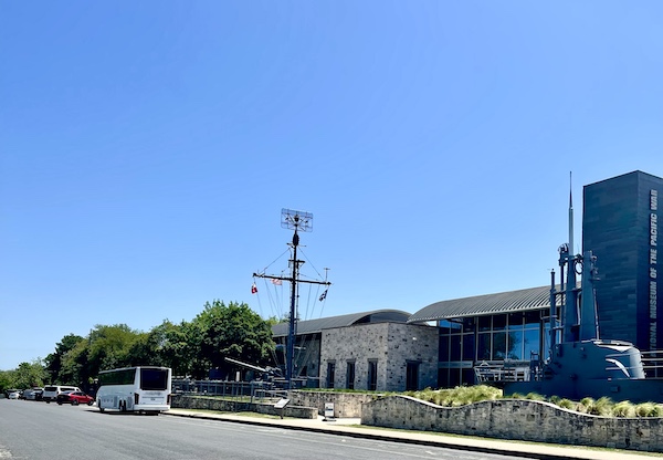 Sculptures that look like a battleship on the lawn of a museum seen on our Sunday Funday Fredericksburg Texas