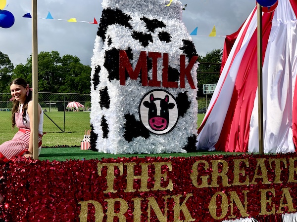 Parade float with girl on front and black and white cow spotted milk carton at the Hopkins County Dairy Festival 2025