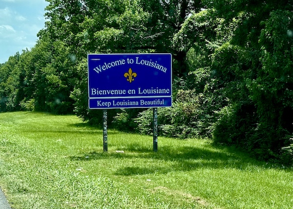 Blue and white road sign on the lawn with trees behind it, seen on our way for our Bonus Visit to NOLA