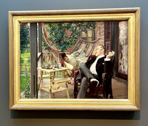 Painting of a wealthy man and woman lounging outdoors at the Westmoreland Museum of American Art