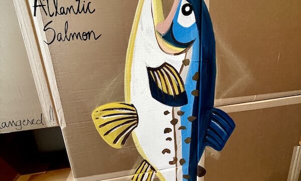 Mural of an Atlantic Salmon on cardboard at the Westmoreland Museum of American Art 2