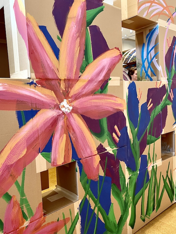 Mural of a colorful flower garden painted on cardboard at Westmoreland Museum of American Art 2