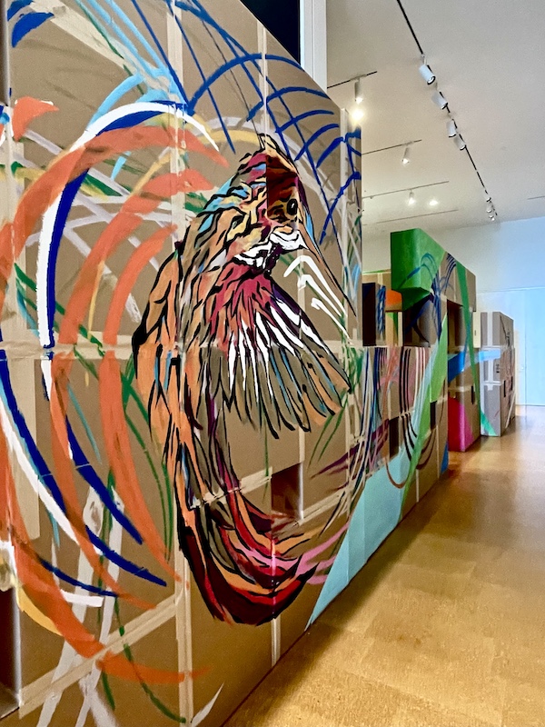 Wall of the art maze painted with birds and lots of color at Westmoreland Museum of American Art 2