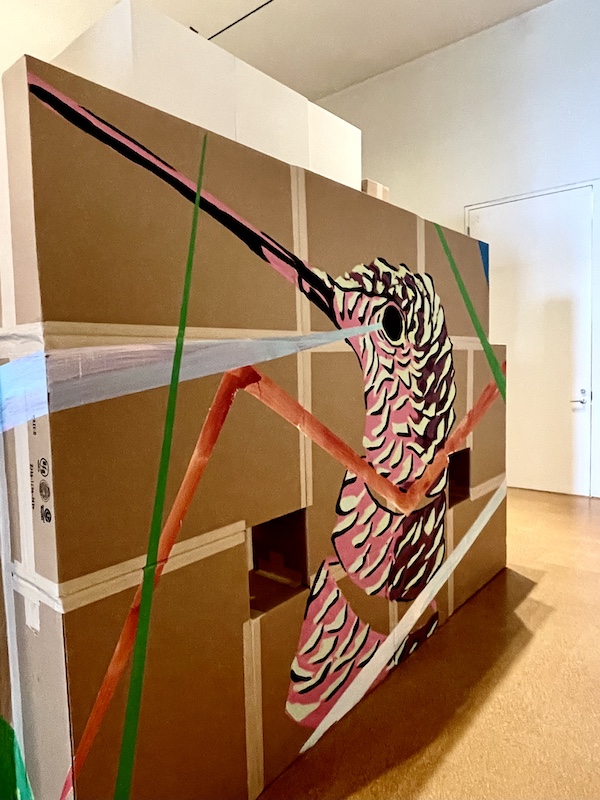 Mural of a pink, black and white hummingbird with very long beak at the Westmoreland Museum of American Art 2