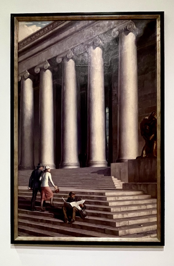 Painting of people climbing steps outside of a building with lots of columns at the Westmoreland Museum of American Art