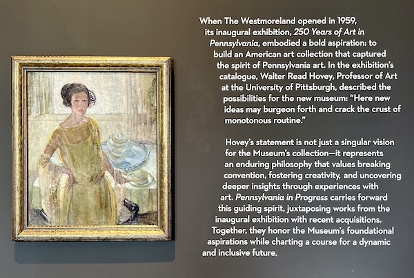 Painting of a woman in gold and description of the mission of the Westmoreland Museum of American Art