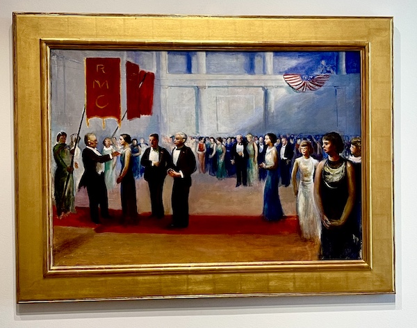 Oil painting of a formally attired gathering of people at the Westmoreland Museum of American Art