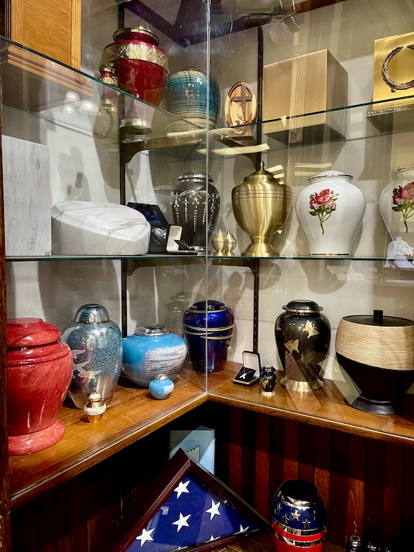 Shelves displaying an assortment of urns at the Allegheny Cemetery Pittsburgh Pennsylvania
