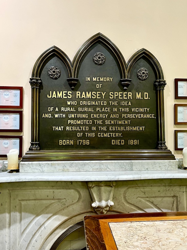 Bronze monument on display inside the main building of Allegheny Cemetery Pittsburgh Pennsylvania honoring the founder.