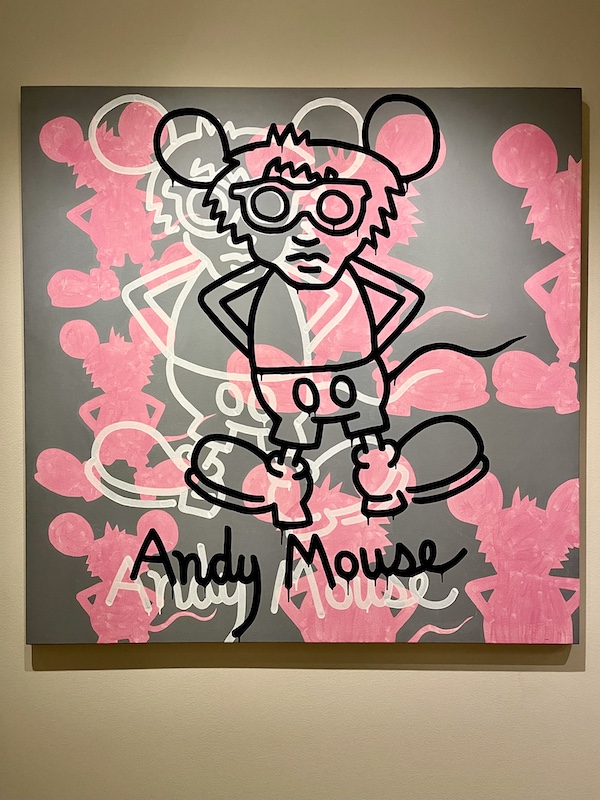 Pink, gray, white and black painting of a mouse with Andy Warhol's persona at Allentown Art Museum