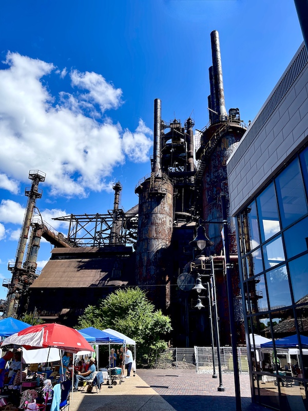 Rusted remnants of the old steel mill and the new welcome center at the Bethlehem Steel Stacks