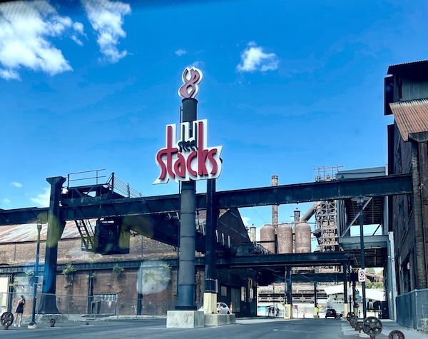 Remnants of an old steel factory and sign welcoming you to the Bethlehem Steel Stacks