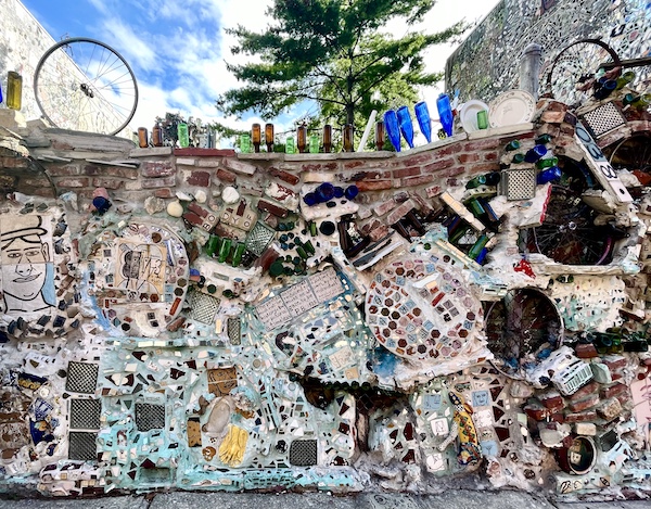 Huge mosaic that covers entire building wall and privacy wall, with ceramic and mirror tiles is the largest of its kind to date. Part of my Murals Around Philadelphia collection