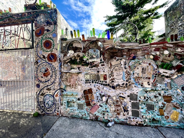 Huge mosaic that covers entire building wall and privacy wall, with ceramic and mirror tiles is the largest of its kind to date. Part of my Murals Around Philadelphia collection