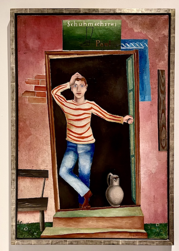 Painting of a boy in a doorway with one hand on head at the WW2 Museum Degenerative Art exhibit