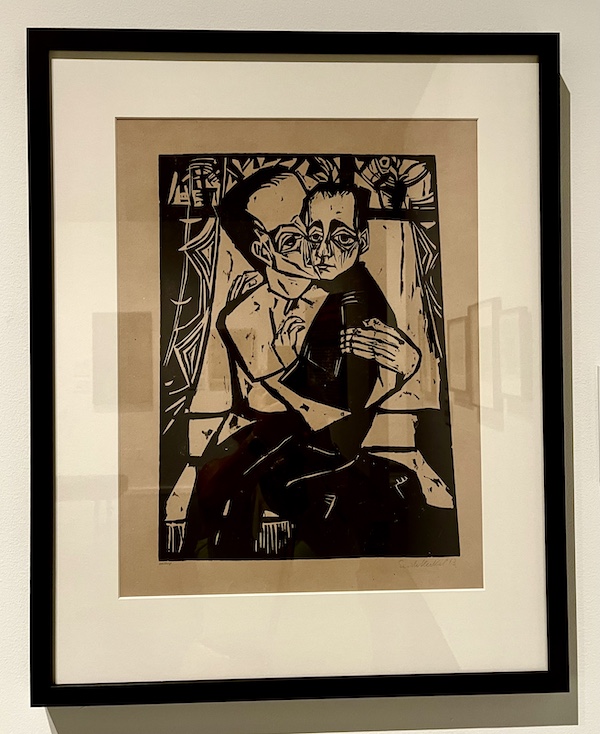 Black and white woodcut of brothers holding each other at WW2 Museum Degenerative Art exhibit