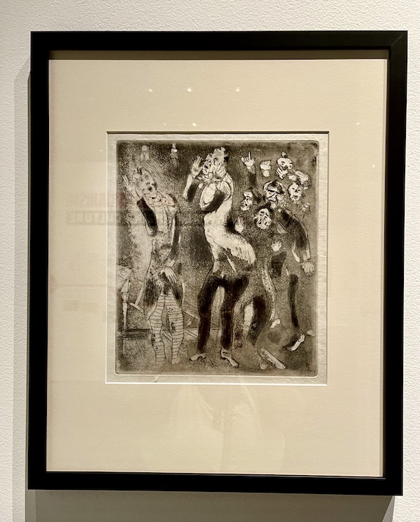 Black and white etching of a man infiltrating a provincial ball at the WW2 Museum Degenerative Art exhibit
